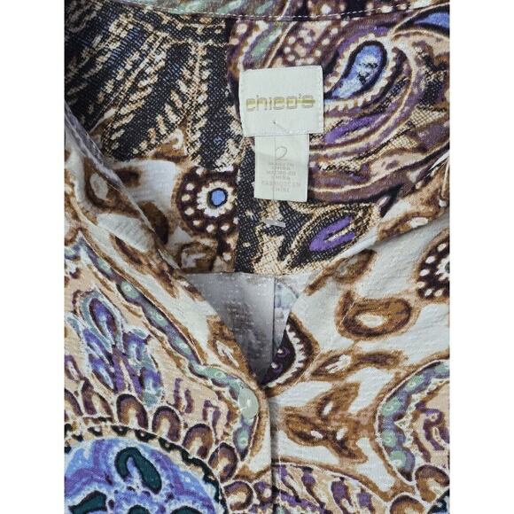 CHICO'S Paisley Patch Shirt Tunic Size 2 (L) Boho Long Sleeve Button Front Top - Picture 5 of 8